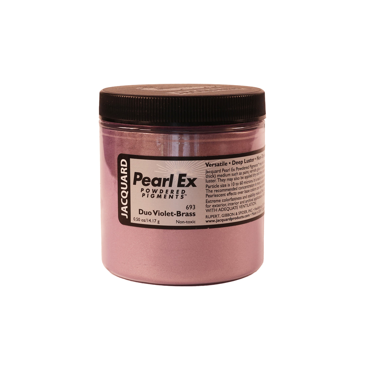 A jar of Jacquard Pearl Ex Mica Powder Pigment 693 Duo Violet-Brass colour 14 grams