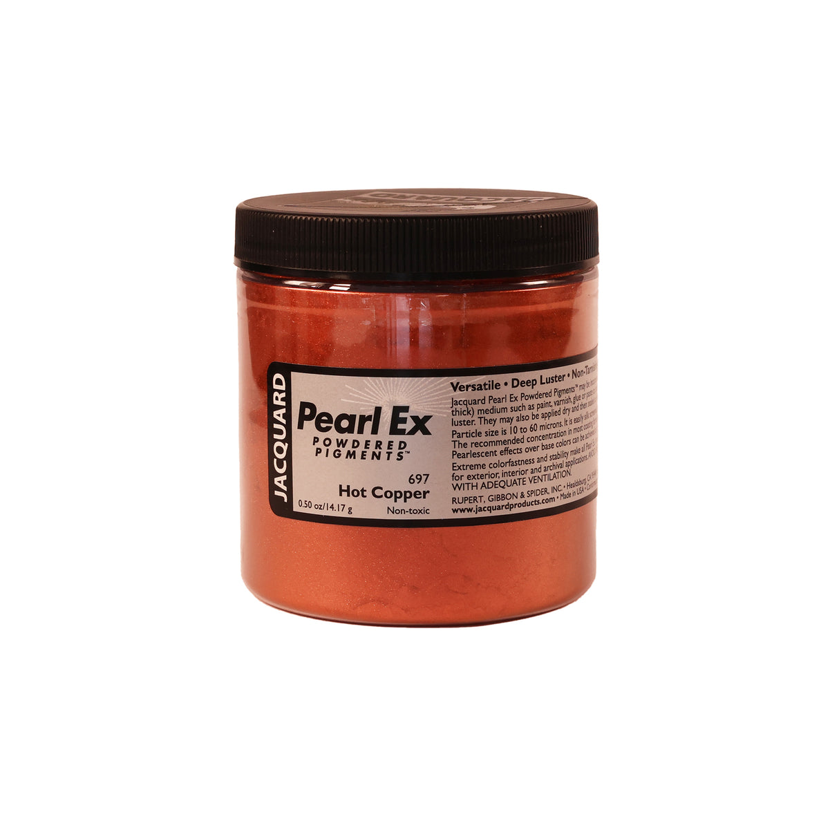 A jar of Jacquard Pearl Ex Mica Powder Pigment 697 hot copper colour 14 grams