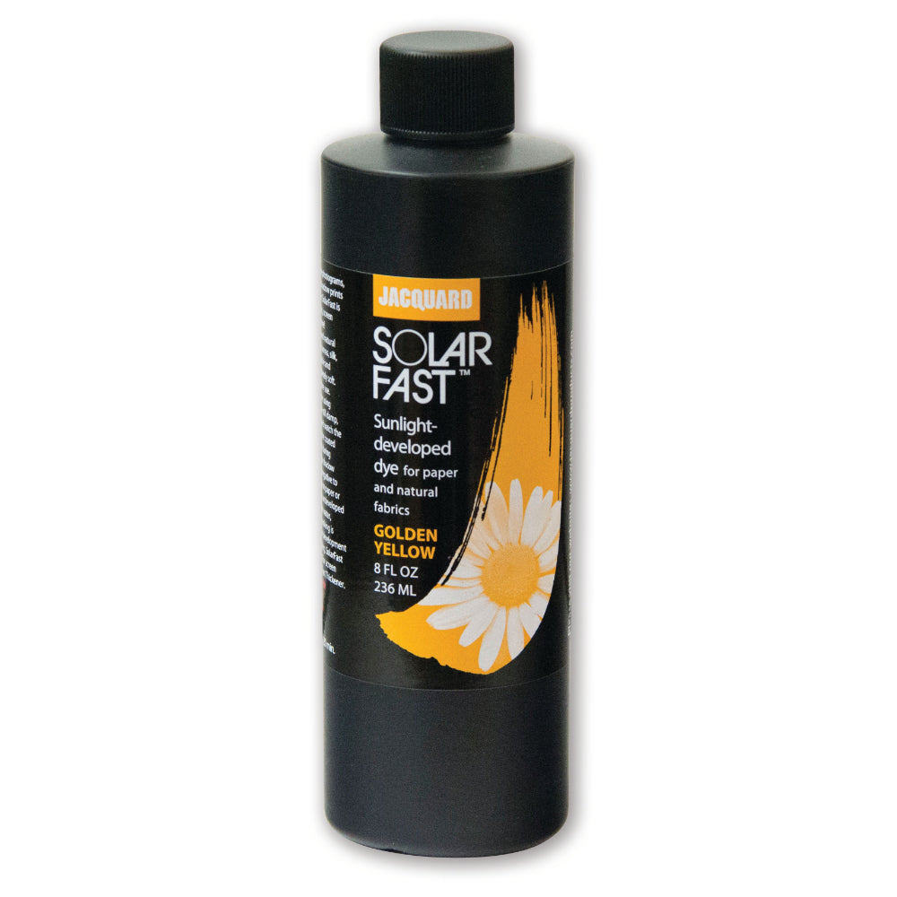 A bottle of Jacquard Solarfast Sunlight (UV) Dye Golden Yellow