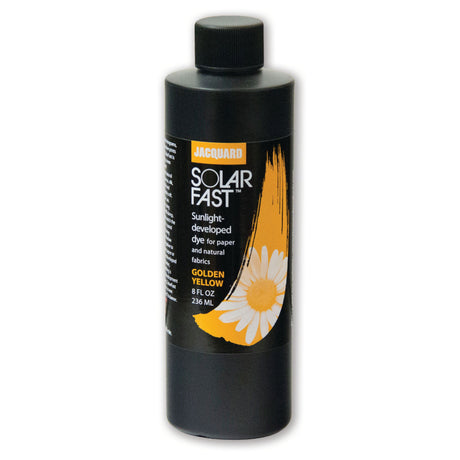 A bottle of Jacquard Solarfast Sunlight (UV) Dye Golden Yellow