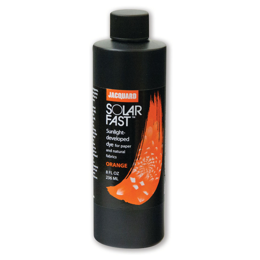 A bottle of Jacquard Solarfast Sunlight (UV) Dye Orange