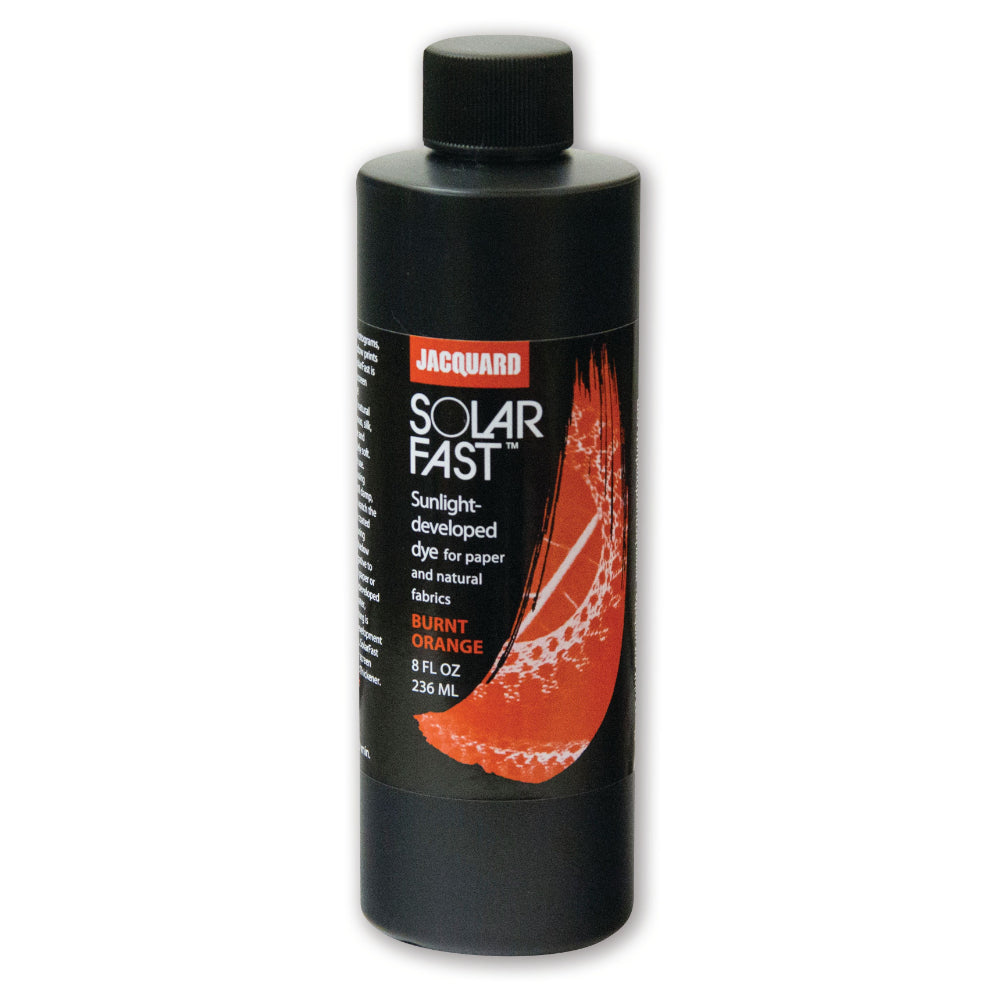 A bottle of Jacquard Solarfast Sunlight (UV) Dye Burnt Orange