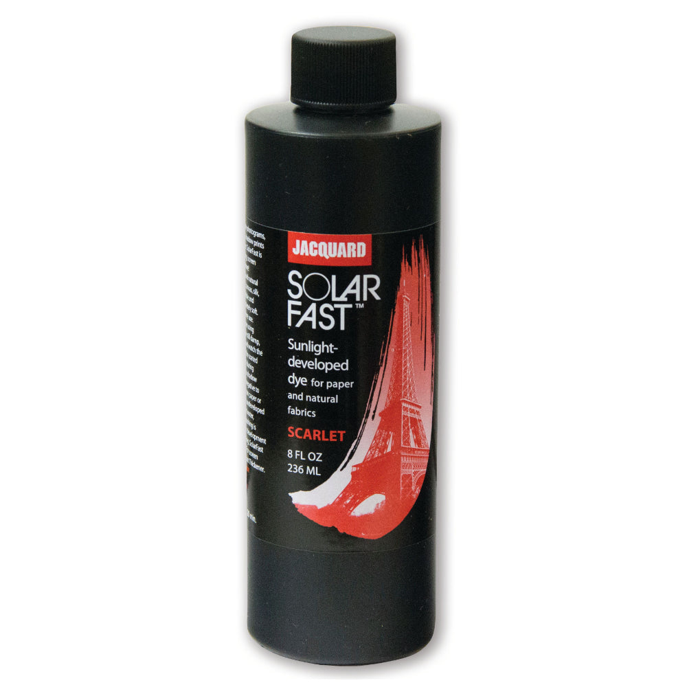 A bottle of Jacquard Solarfast Sunlight (UV) Dye Scarlet
