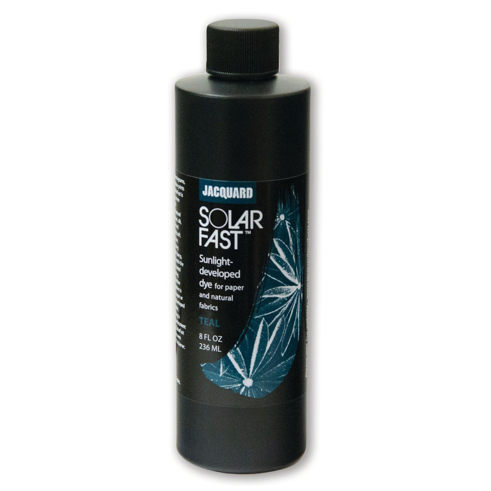 A bottle of Jacquard Solarfast Sunlight (UV) Dye Teal