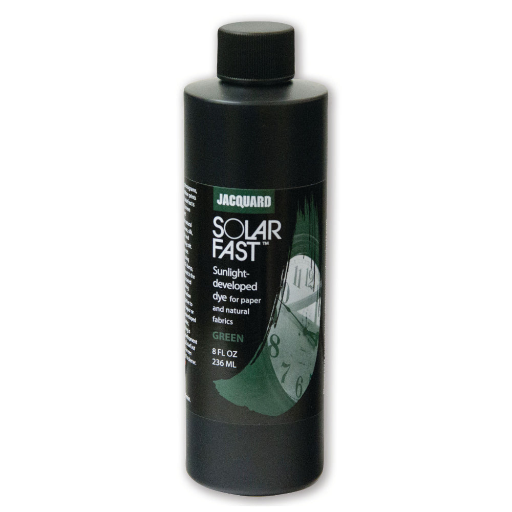 A bottle of Jacquard Solarfast Sunlight (UV) Dye Green