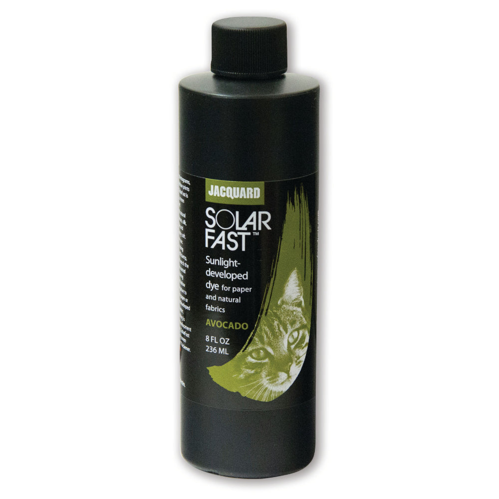 A bottle of Jacquard Solarfast Sunlight (UV) Dye Avacado