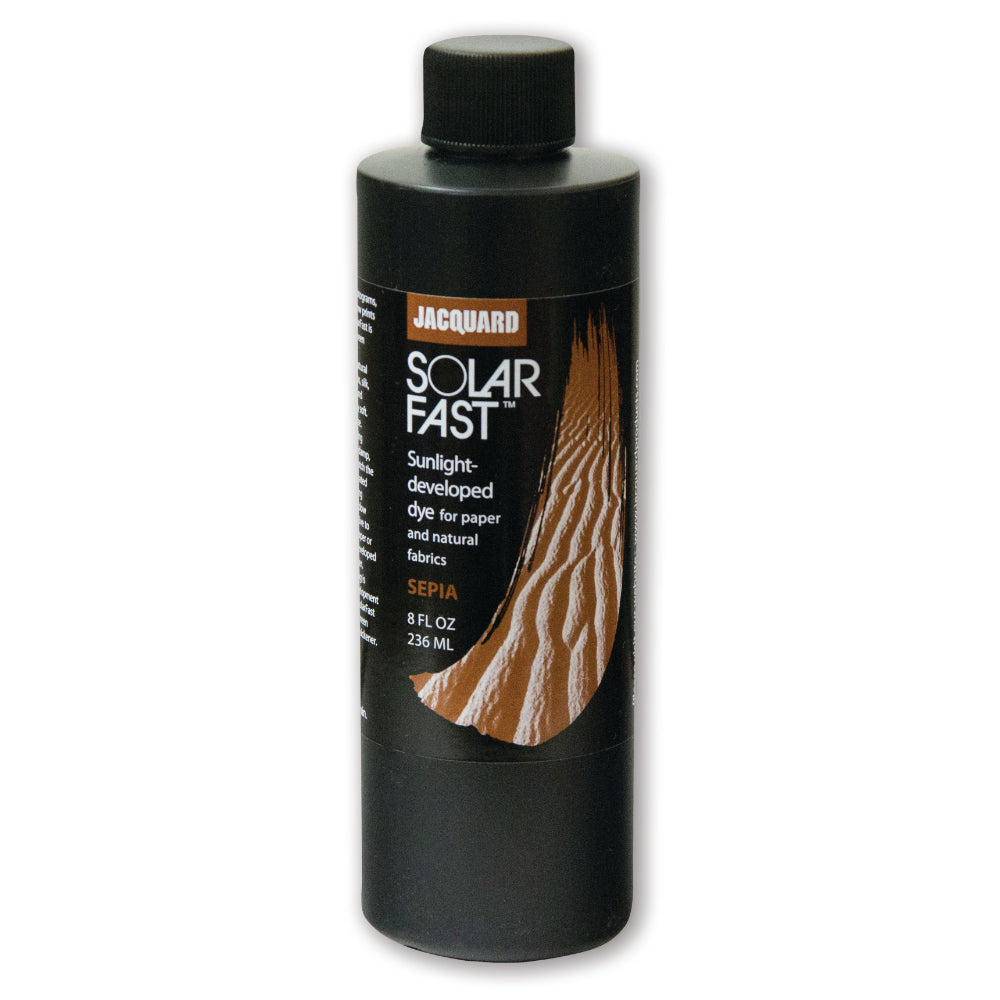 A bottle of Jacquard Solarfast Sunlight (UV) Dye Sepia