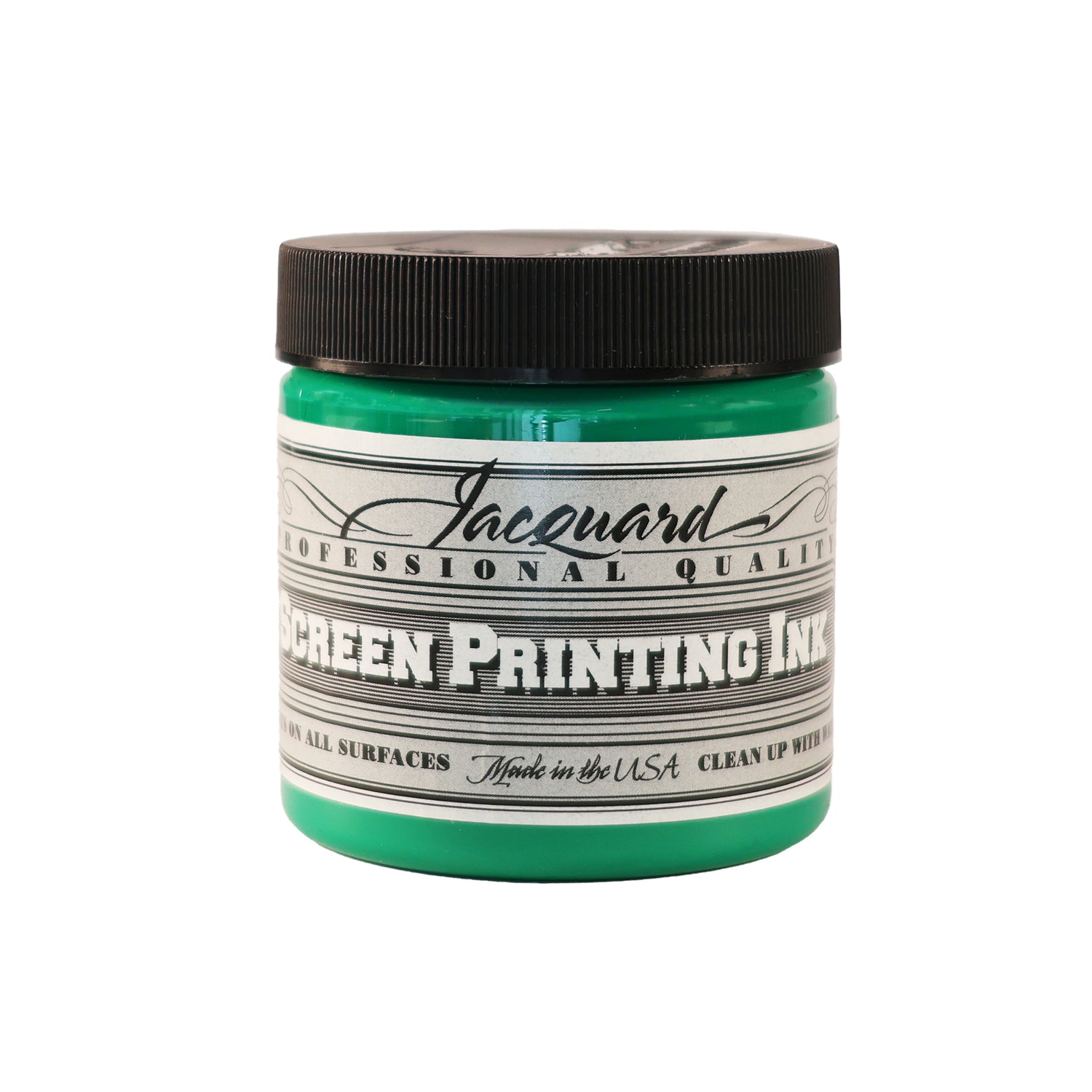 Jar of Jacquard Screen Printing Ink Opaque Green colour.