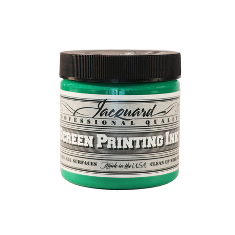 Jar of Jacquard Screen Printing Ink Opaque Green colour.