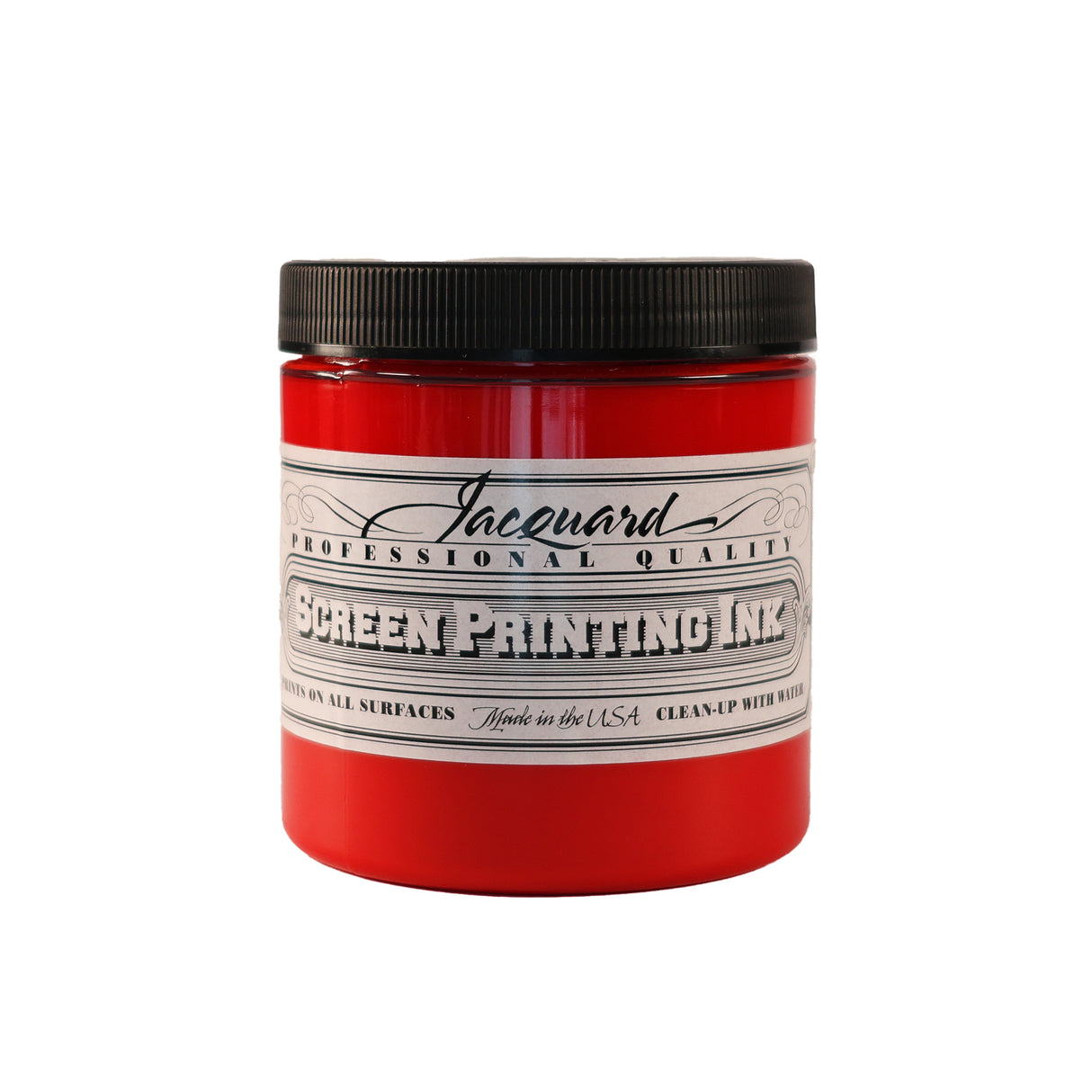 A jar of Jacquard Professional Water Based Screen Printing Ink in Bright Red.