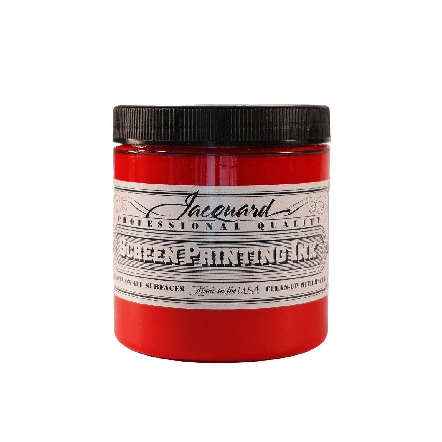 A jar of Jacquard Professional Water Based Screen Printing Ink in Bright Red.