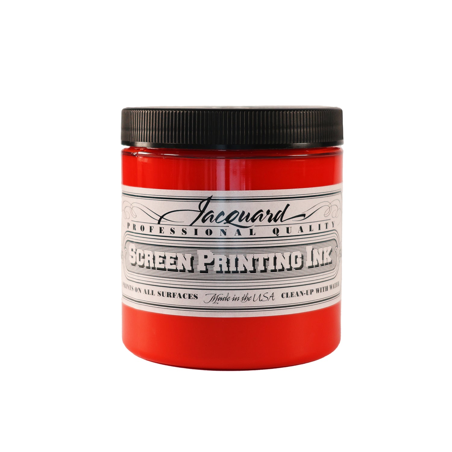A jar of Jacquard Professional Water Based Screen Printing Ink in Scarlet.