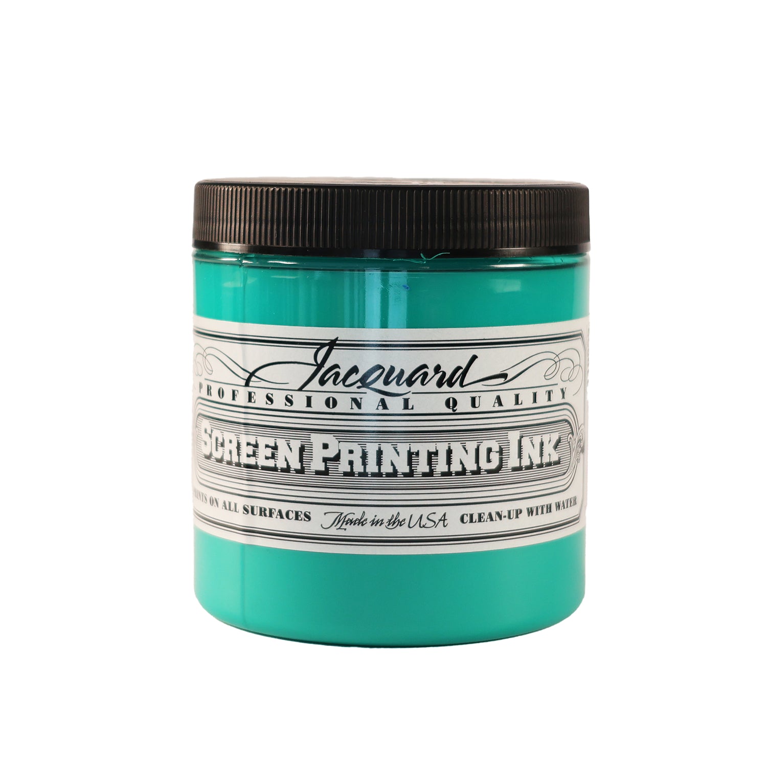 A jar of Jacquard Professional Water Based Screen Printing Ink in Turquoise.