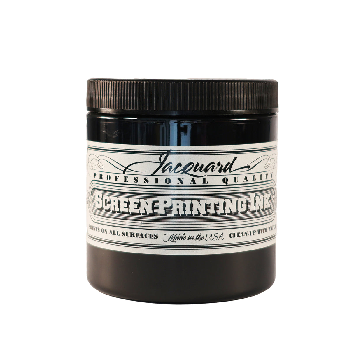 A jar of Jacquard Professional Water Based Screen Printing Ink in Black.