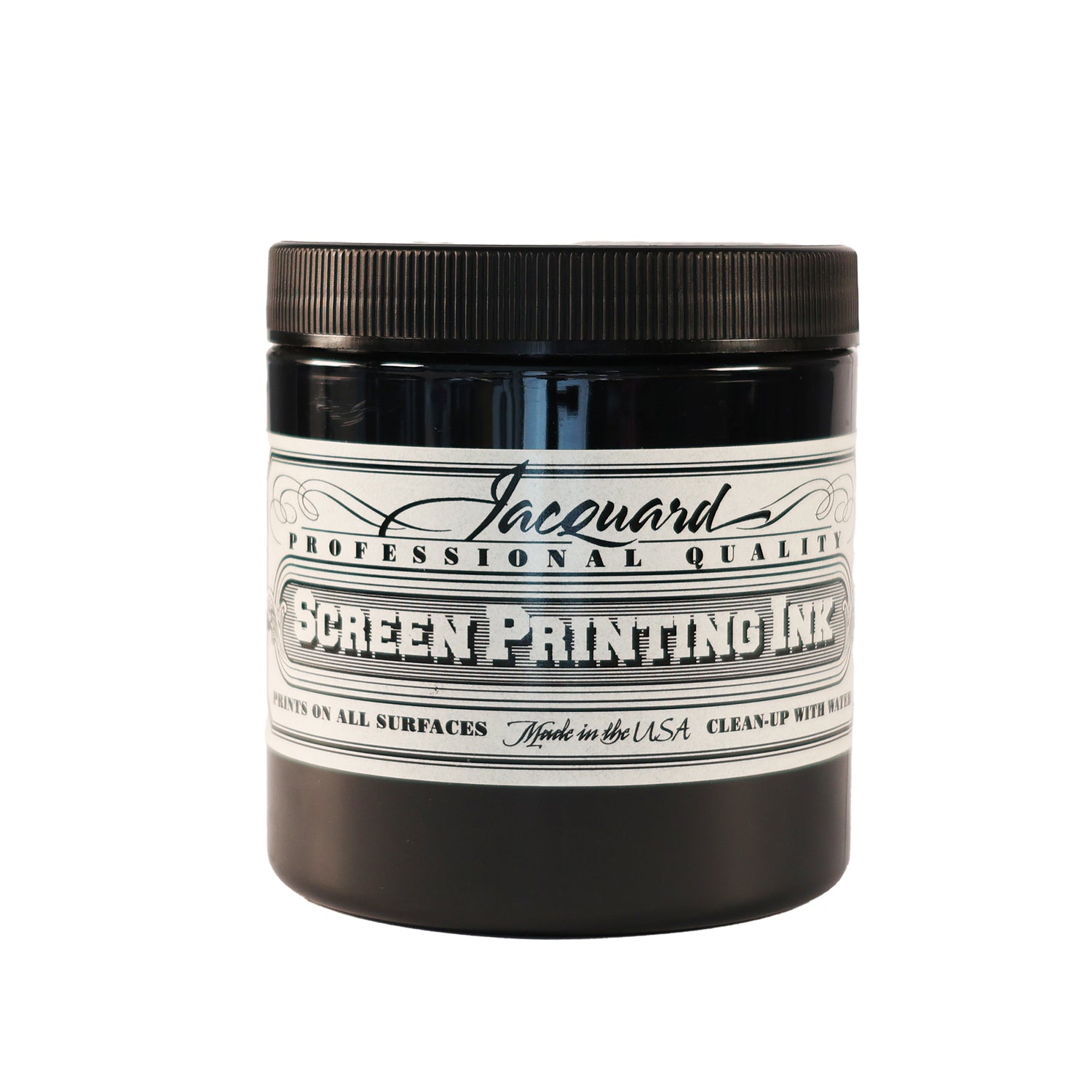 A jar of Jacquard Professional Water Based Screen Printing Ink in Black.