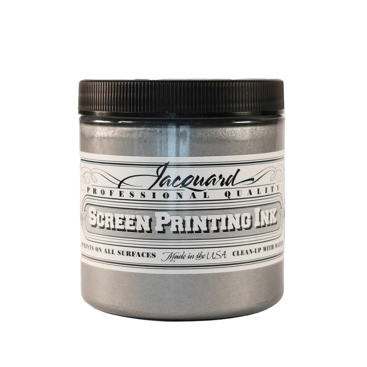 A jar of Jacquard Professional Water Based Screen Printing Ink in Silver.