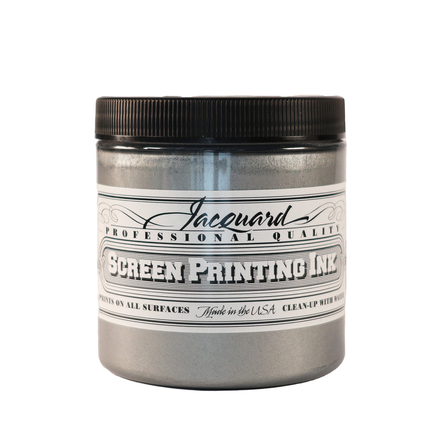 A jar of Jacquard Professional Water Based Screen Printing Ink in Silver.
