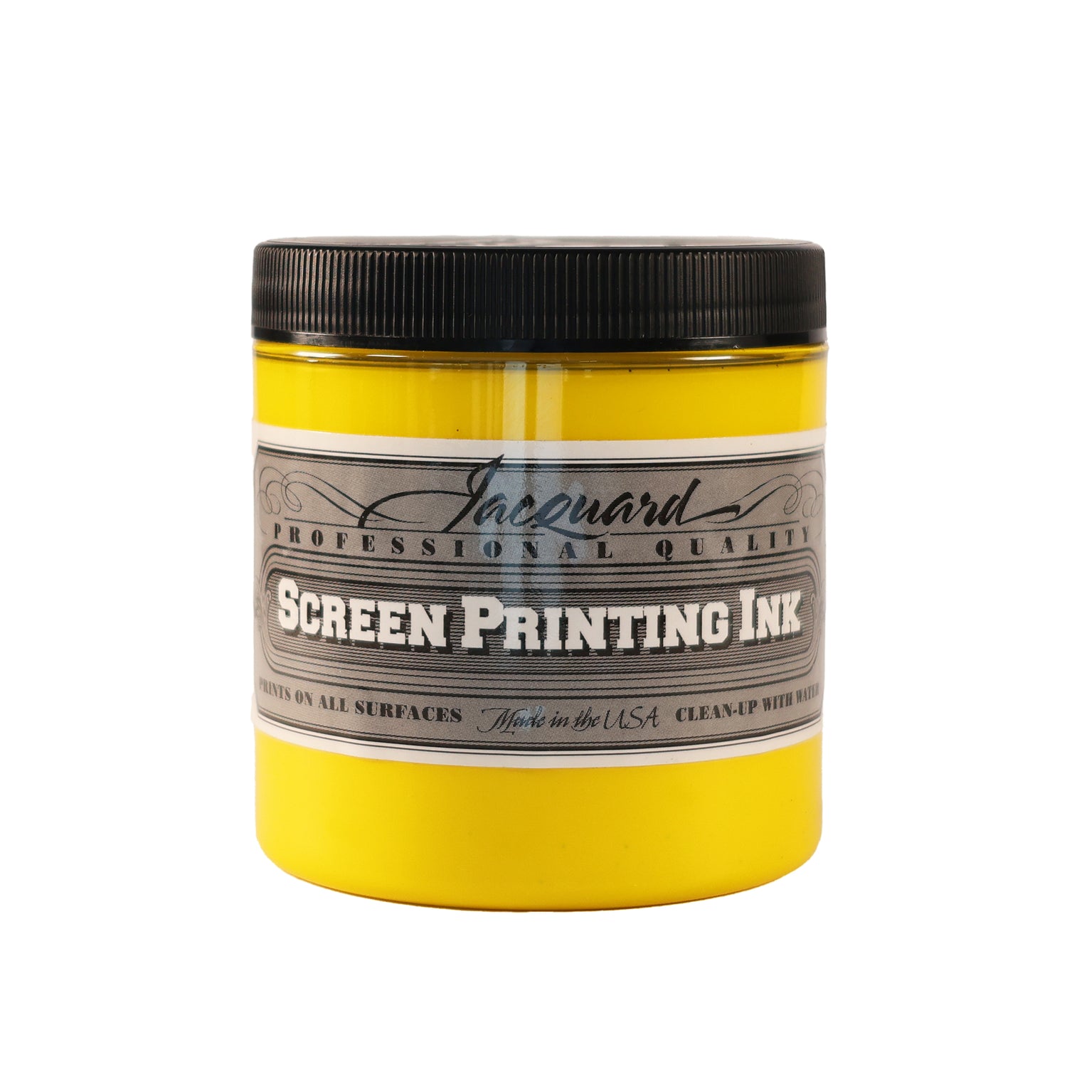 A jar of Jacquard Professional Water Based Screen Printing Ink in Opaque Yellow.