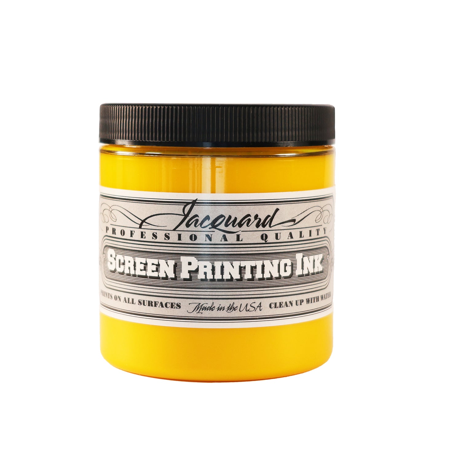 A jar of Jacquard Professional Water Based Screen Printing Ink in Process Yellow.
