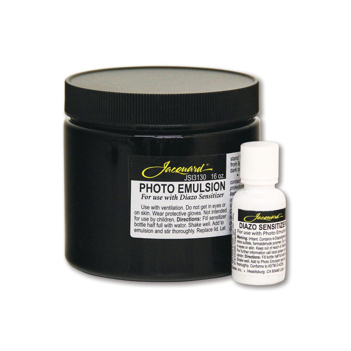 Jar and bottle of Jacquard photo emulsion and diazo sensitizing solution on a white background