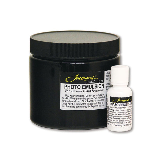 Jar and bottle of Jacquard photo emulsion and diazo sensitizing solution on a white background