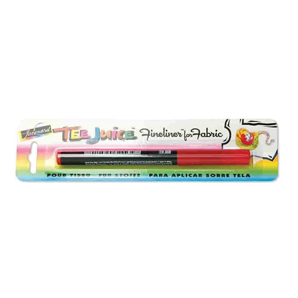 Packaging of a red Tee Juice Fine Tip Fabric Marker Pen with a multicolor design and a sample image of a T-shirt with a marking on it.
