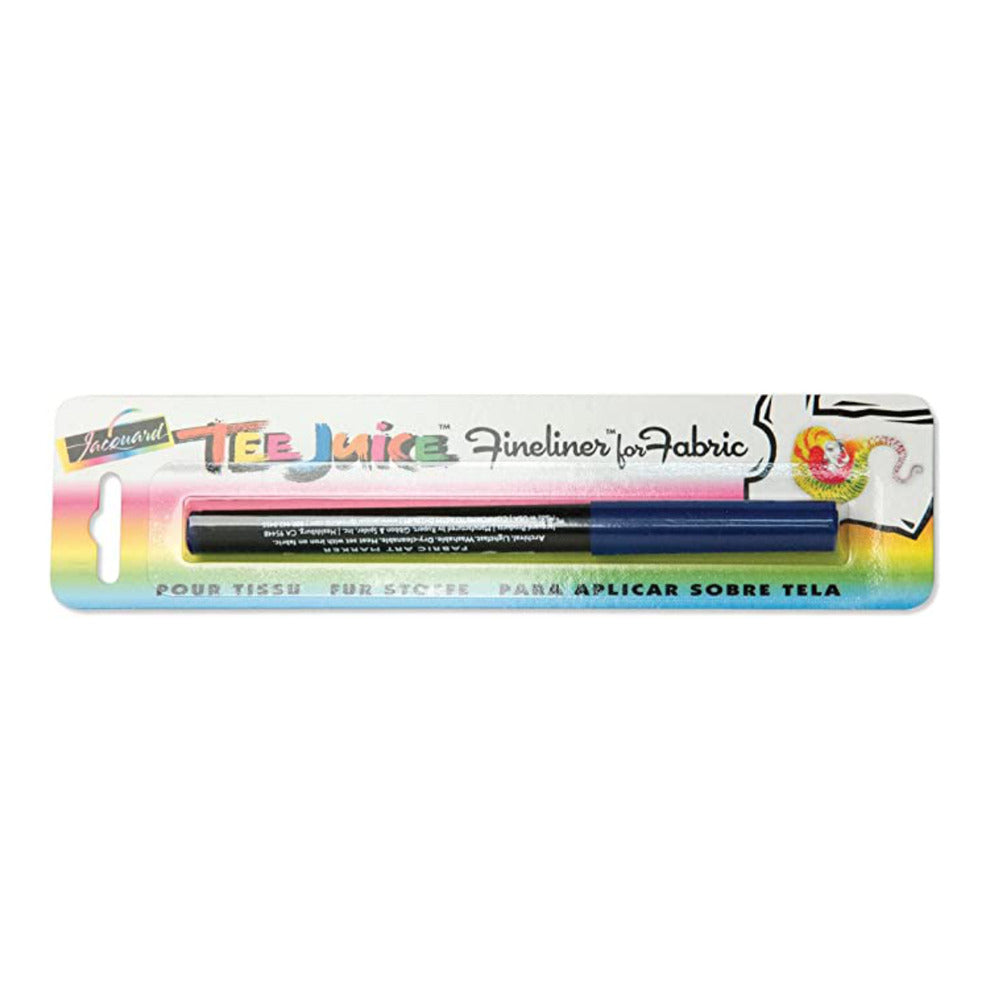 Packaging of Tee Juice Fine Tip Fabric Marker Pen with a multicolor design and a sample image of a T-shirt with a marking on it.