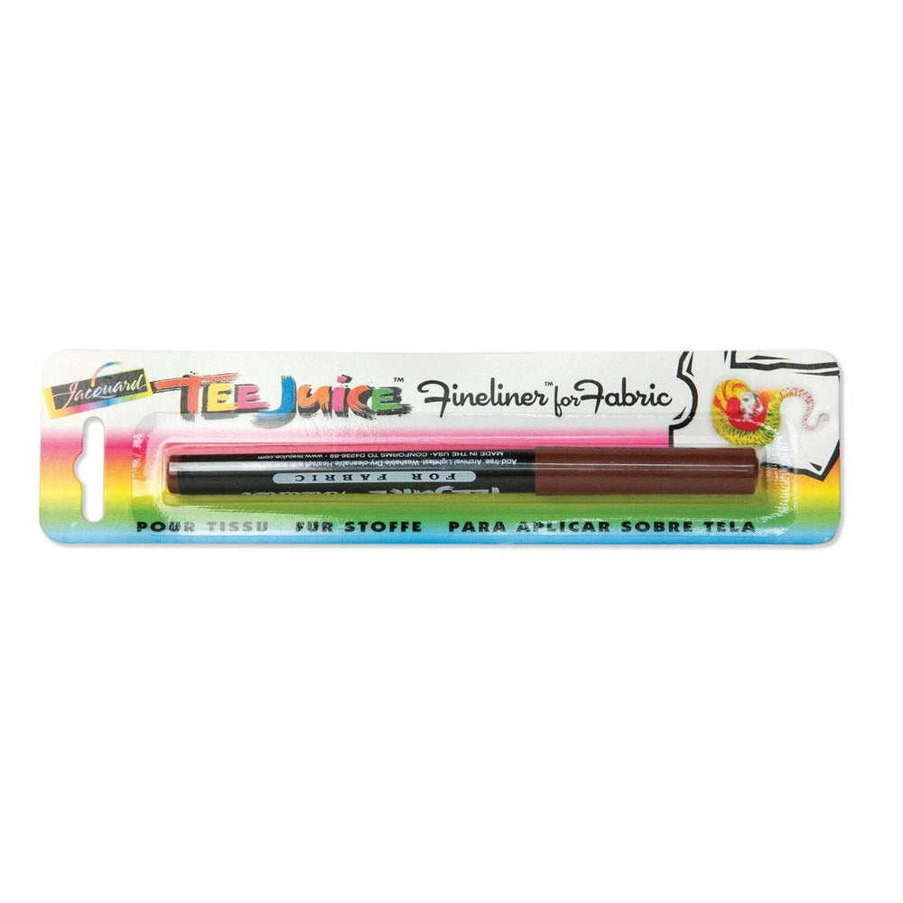 Packaging of Tee Juice Fine Tip Fabric Marker Pen with a multicolor design and a sample image of a T-shirt with a marking on it.