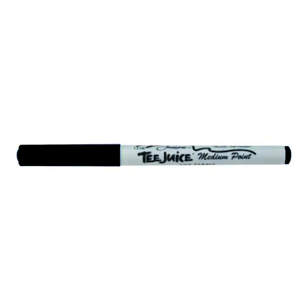 Black fabric marker with 'Tee Juice' branding on a white background