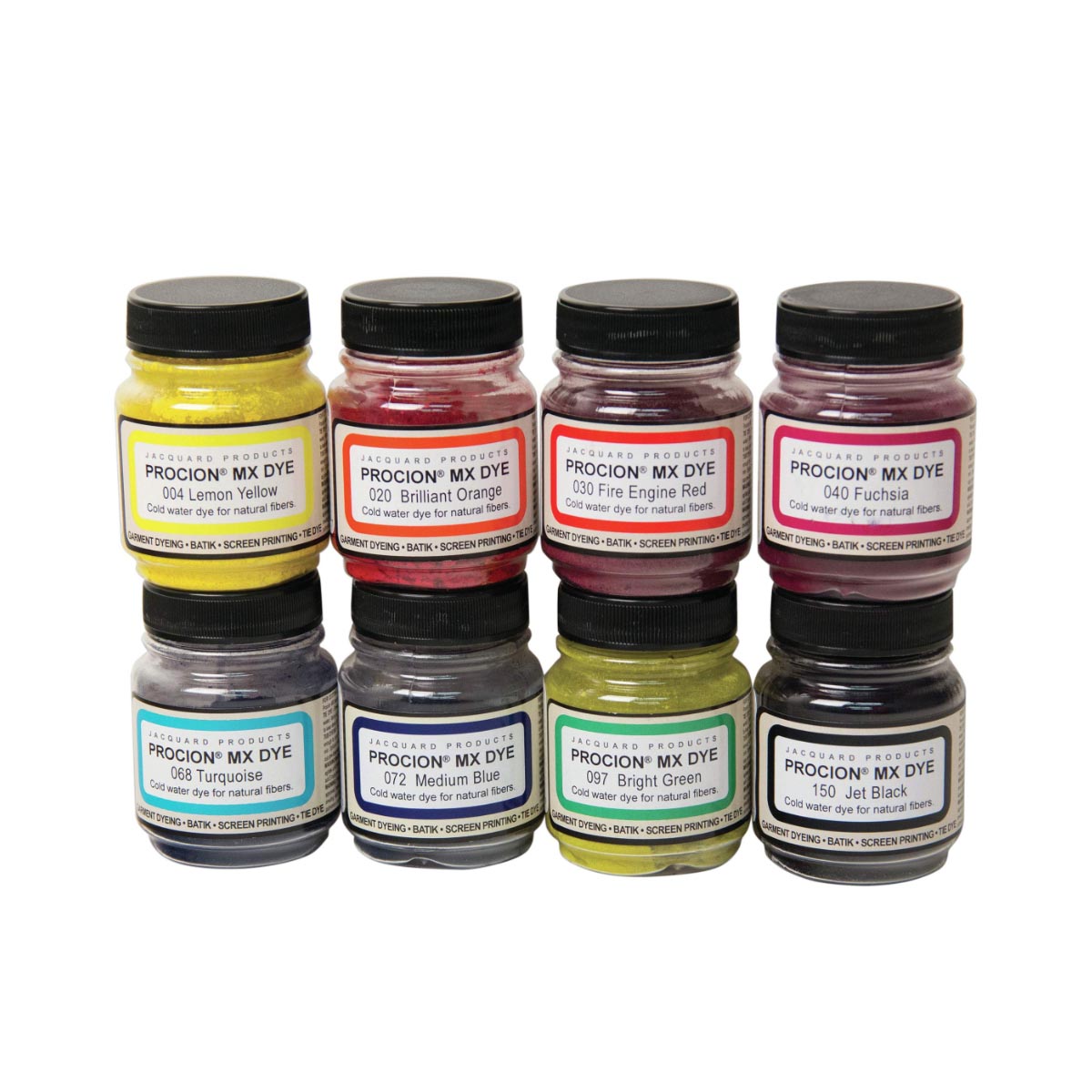 Set of Procion MX Dye bottles in various colors on a white background