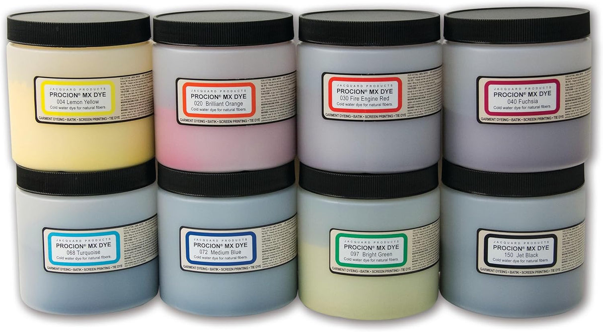 Eight jars of Procion MX dye in various colours