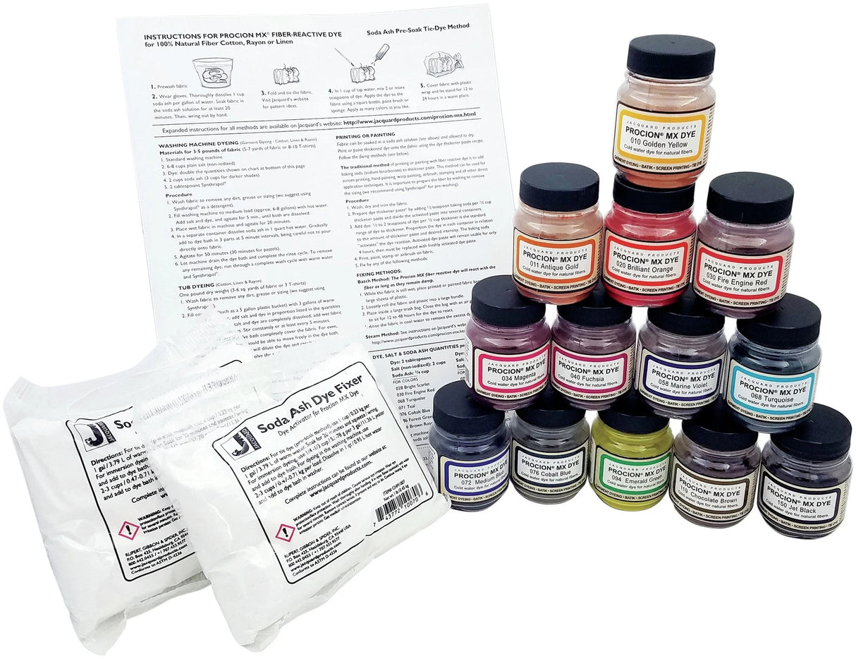 Collection of cold water dye jars and packets of soda ash with labels on a white background