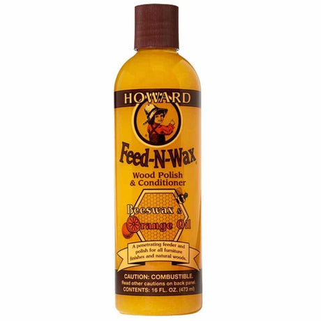 A bottle of Howard Feed-N-Wax Wood Polish & Conditioner 473 ml.
