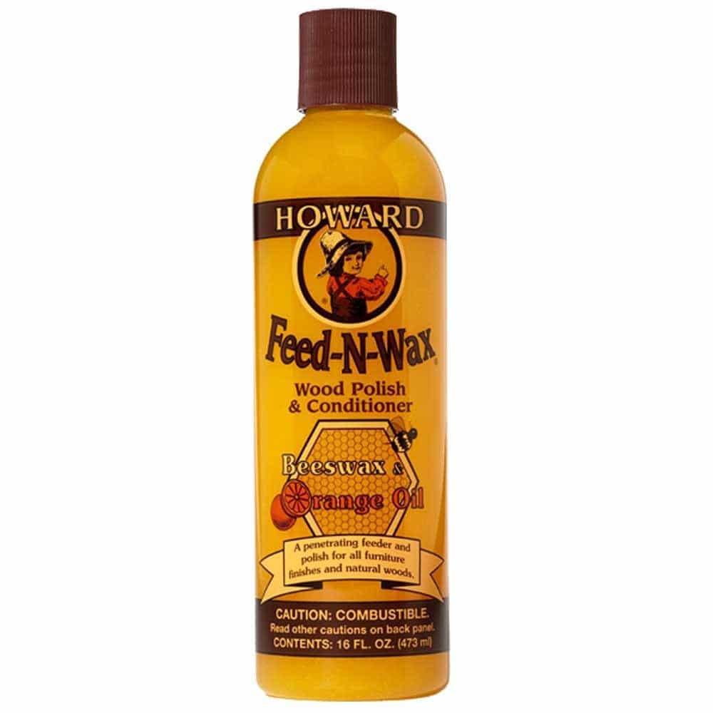 A bottle of Howard Feed-N-Wax Wood Polish & Conditioner 473 ml.