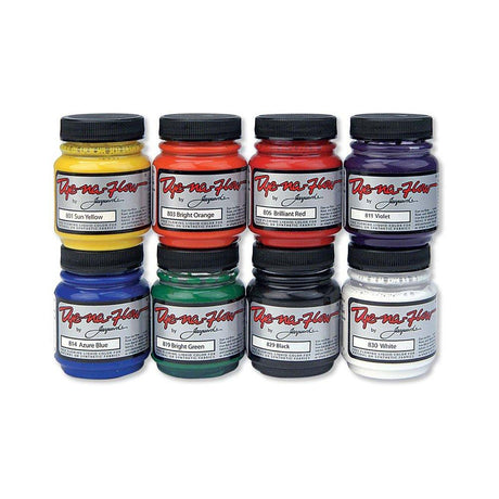Set of eight bottles of dye-na-flow paint in various colors on a white background