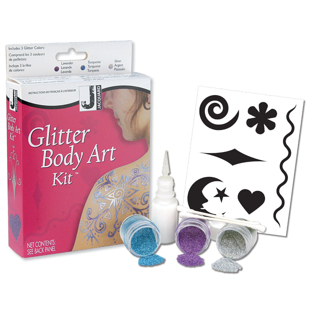 Glitter Body Art Kit packaging with contents including a bottle of adhesive, three jars of glitter in different colors, and a design stencil.