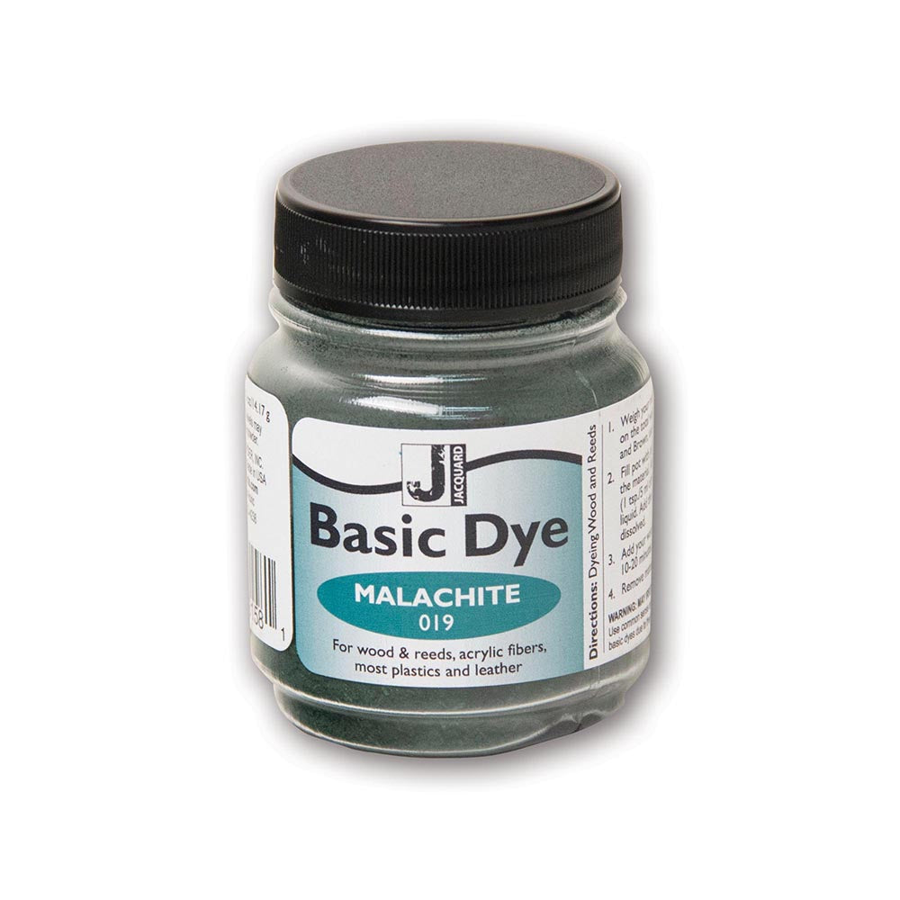 Jar of Jacquard Basic Dye in Malachite color on a white background