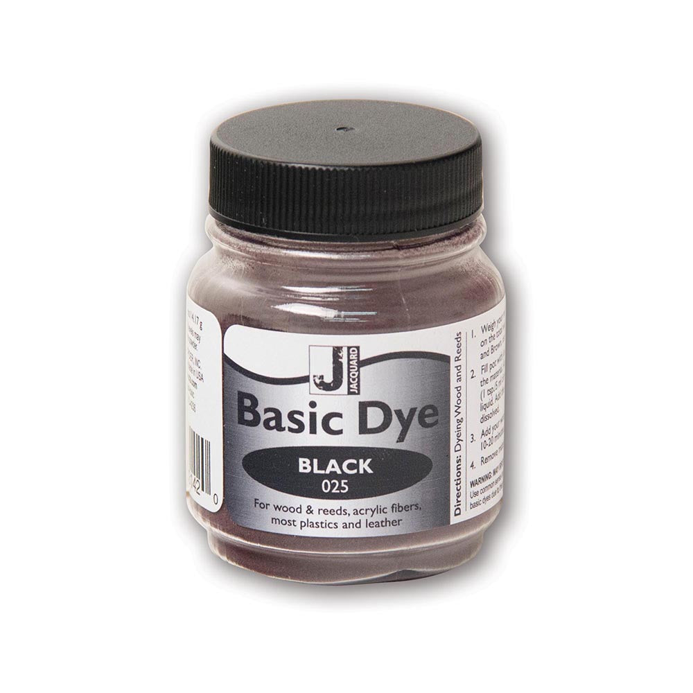 Jar of black basic dye with a black lid on a white background