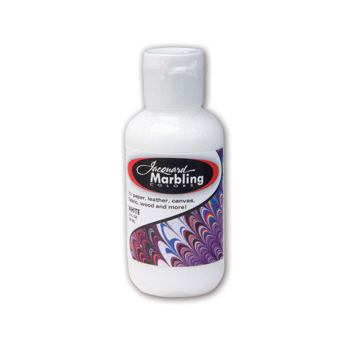 White bottle of Jacquard Marbling paint with a colorful label on a white background