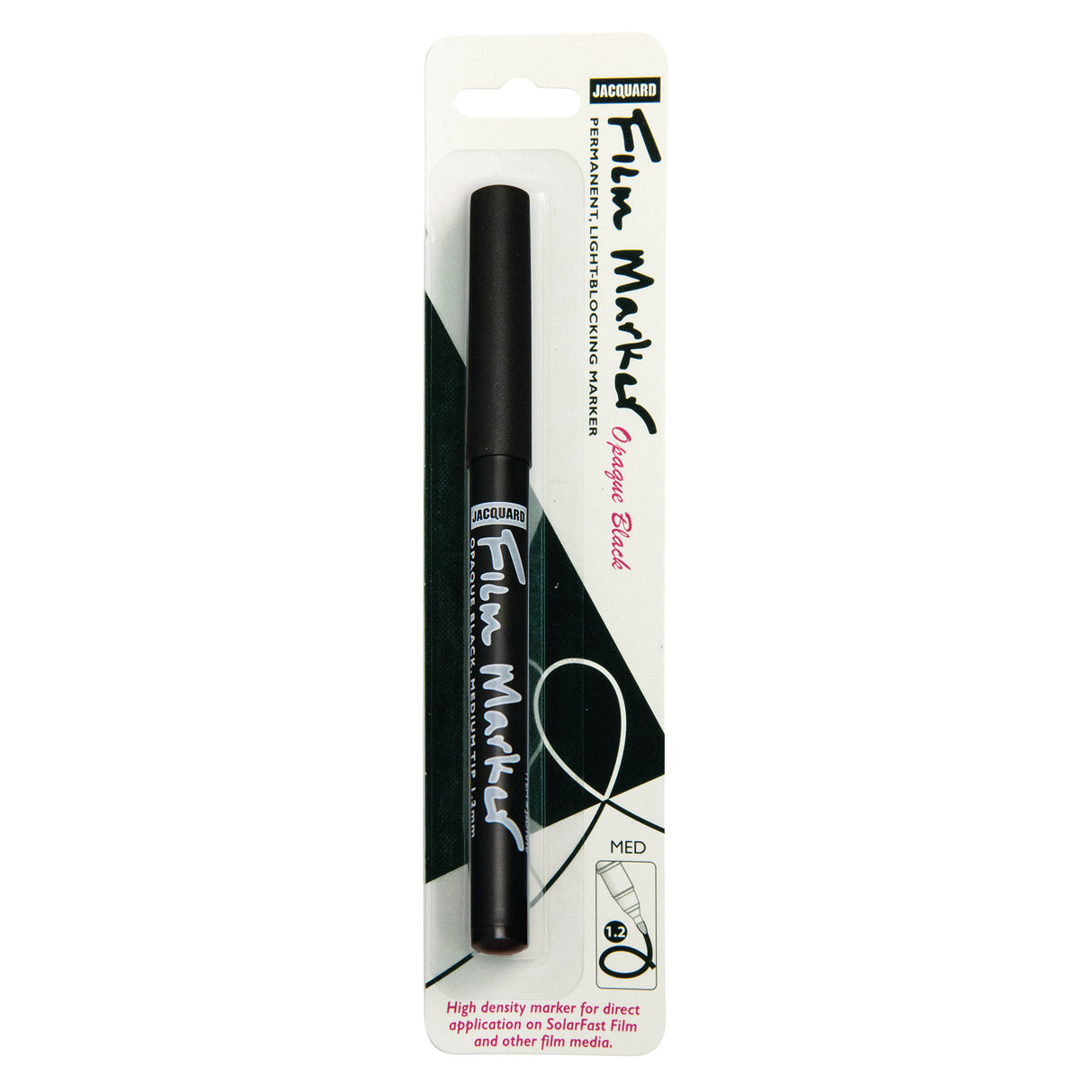 A black Jiquisar Film Marker with a white and black patterned backing card, photographed against a solid white background.