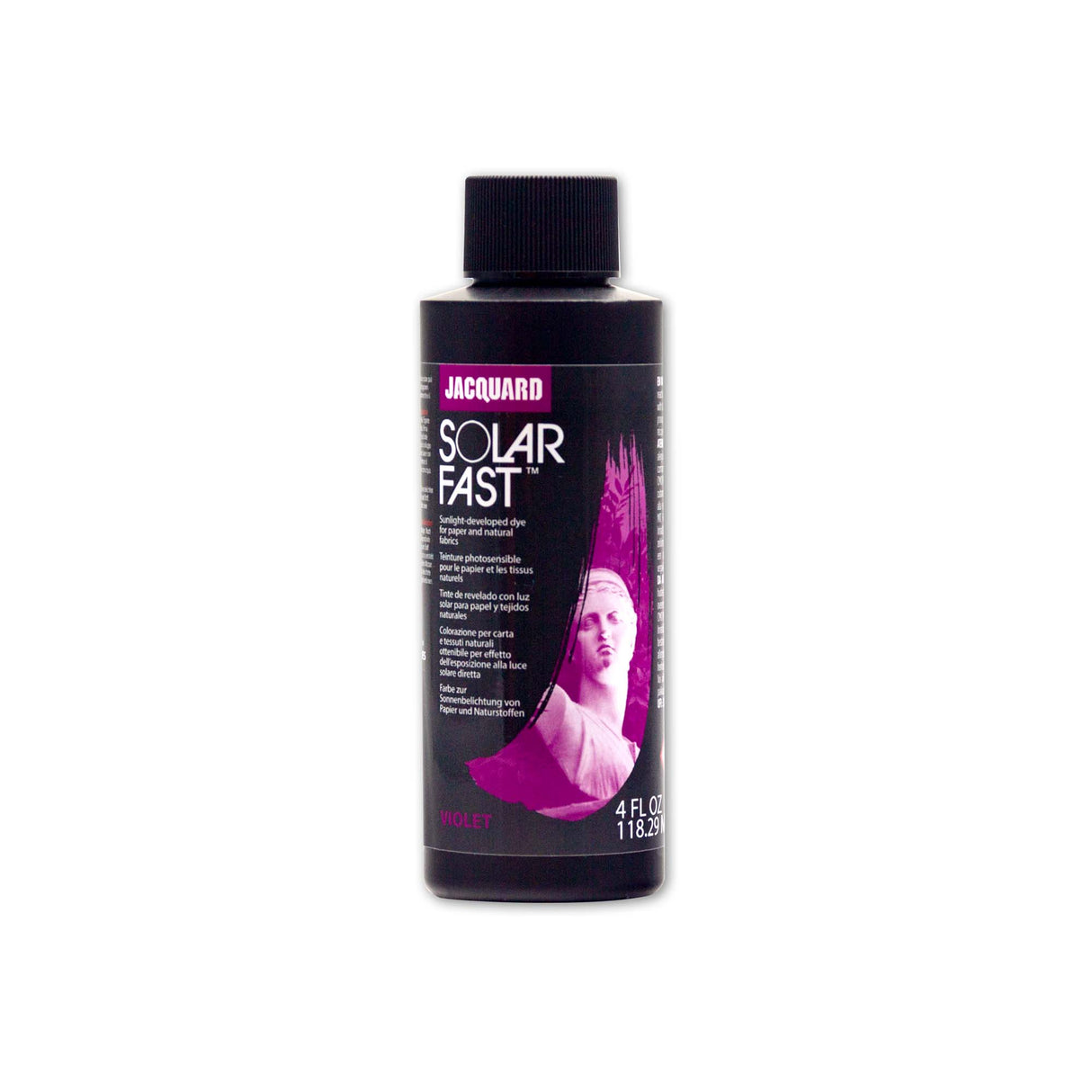 Bottle of Jacquard Solar Fast dye violet on a white background