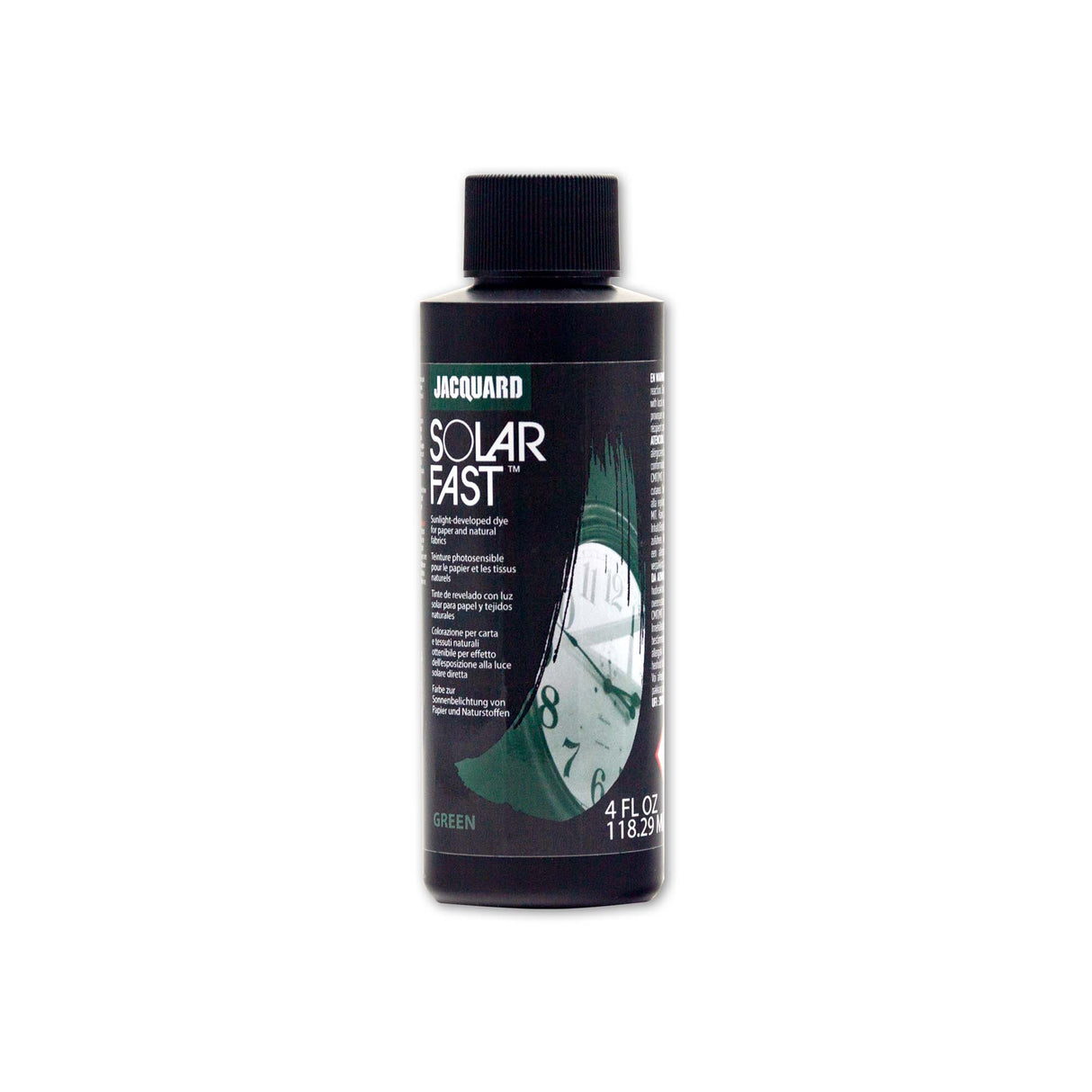 Bottle of Jacquard Solar Fast dye green on a white background
