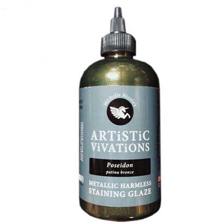 Bottle of Artistic Vivations Staining Glaze with a green label and a black nozzle.