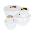 Set of clear white containers with colorful lids on a white background