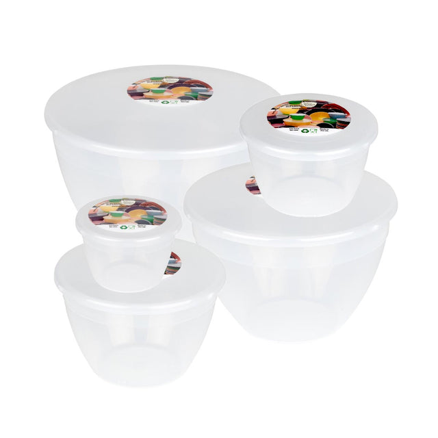 Set of clear white containers with colorful lids on a white background