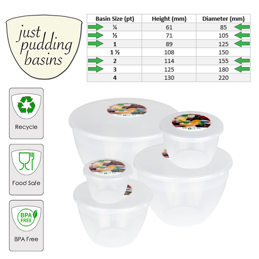 Set of clear pudding basins with a size chart and icons indicating recycling, food safety, and BPA-free.