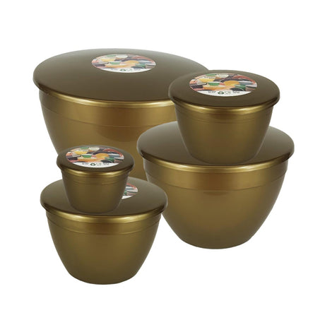 Set of gold-coloured  steam pudding basins on a white background