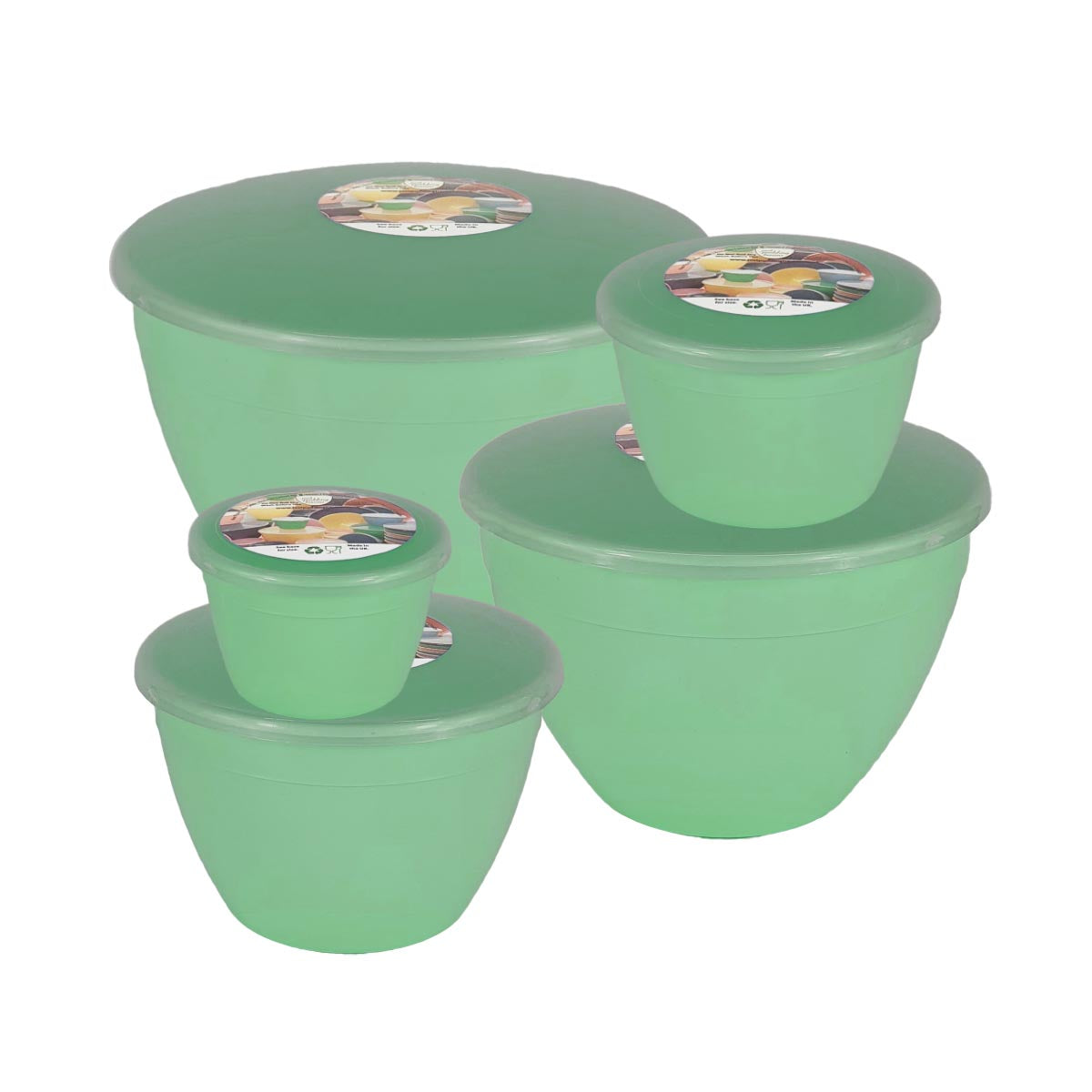 Set of light green plastic pudding basins with lids on a white background