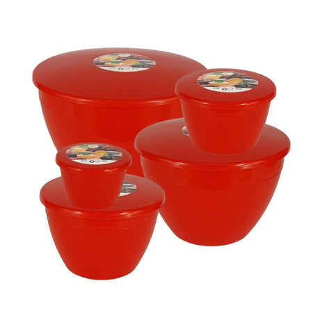 Set of red plastic steamed pudding bowls with lids on a white background