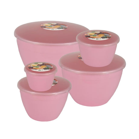 Set of pink plastic pudding basins with lids on a white background
